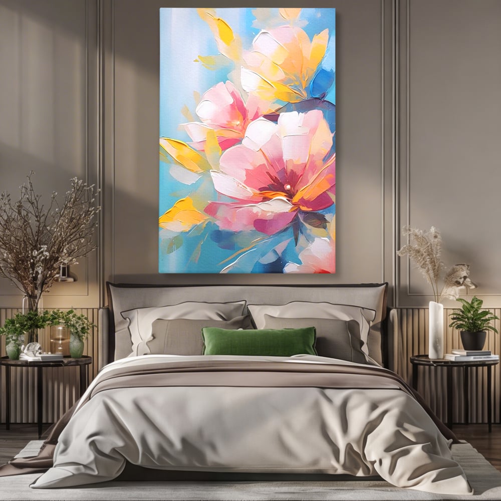 Tablou canvas cu tablou canvas cu flori roz, fara rama, pe sasiu de lemn, pe perete intr-un dormitor